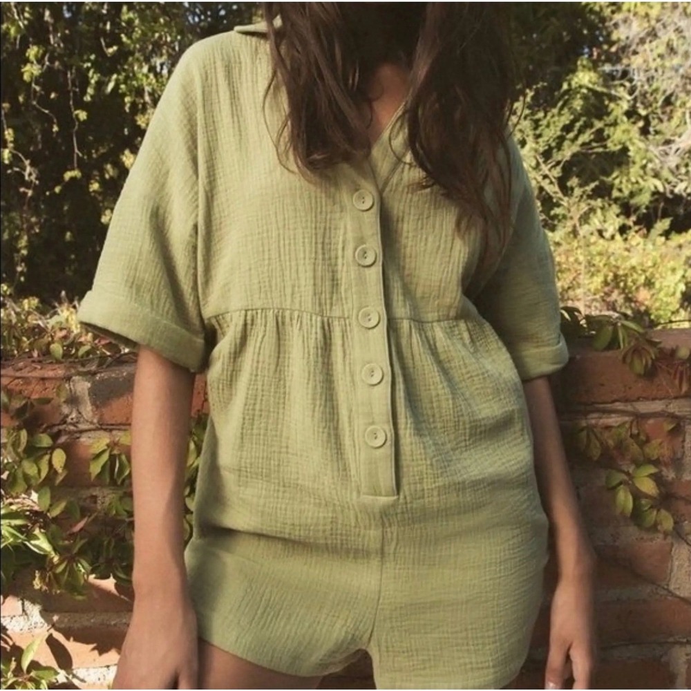 Urban Outfitters Button Front Babydoll Romper XS Sage Green Gauze  Cottage Beach